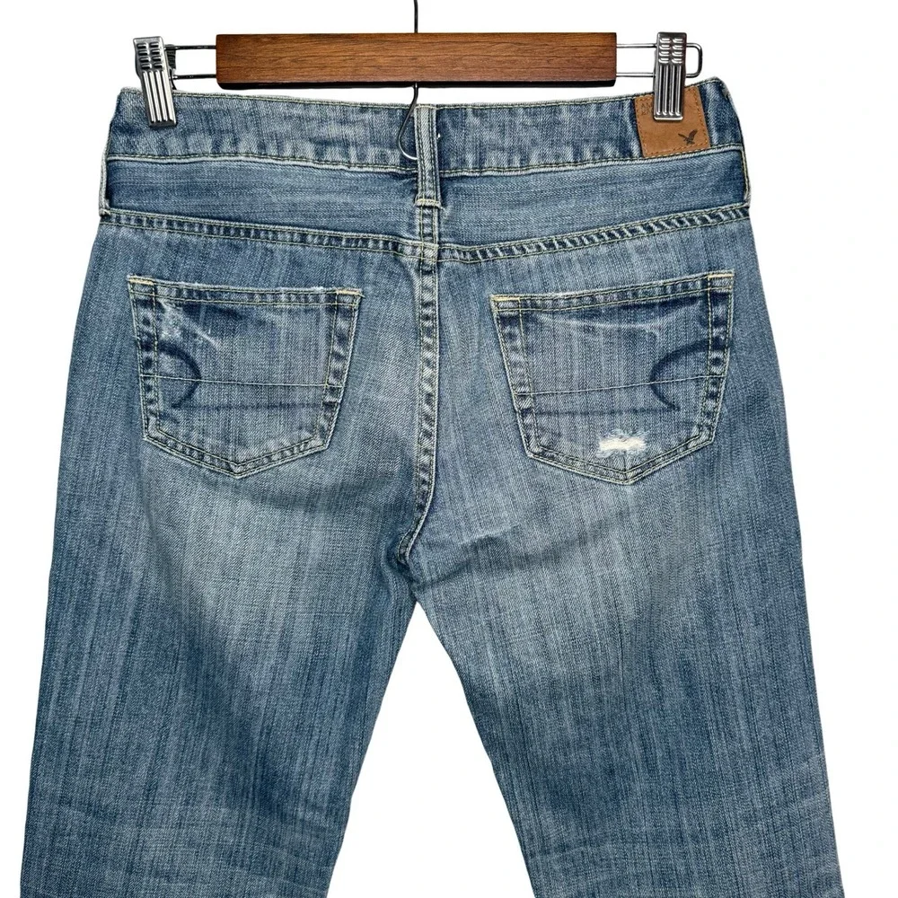 Y2K American Eagle 00 Boy Fit Cropped Low Rise Jeans Blue Distressed Denim Capri